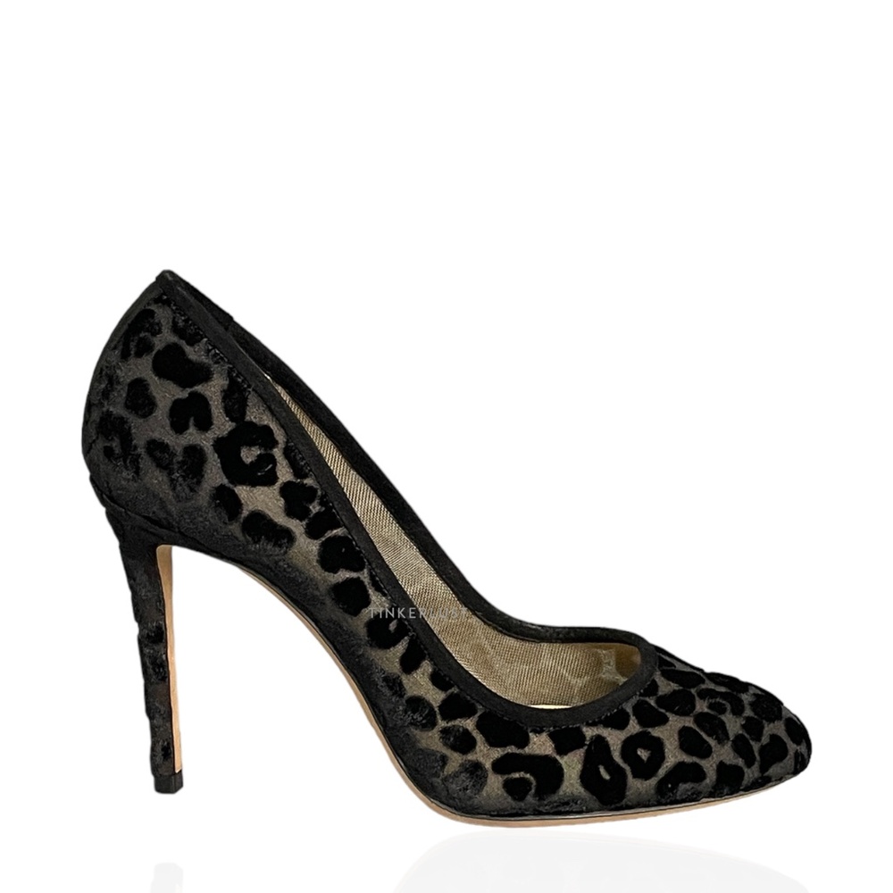 JIMMY CHOO Black Bridget 100 Leopard-print Pumps (Size 38.5)